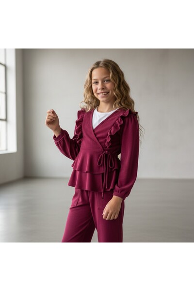 FESSHERA KİDS Girl's Suit with Ruffles Stylish and Comfortable Crepe Fabric Ruffled Double-Breasted Collar Two-Piece Suit Kimono