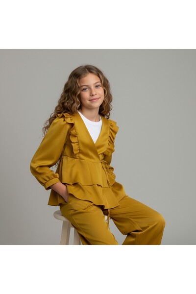 FESSHERA KİDS Girl's Suit with Ruffles Stylish and Comfortable Crepe Fabric Ruffled Double-Breasted Collar Two-Piece Suit Kimono