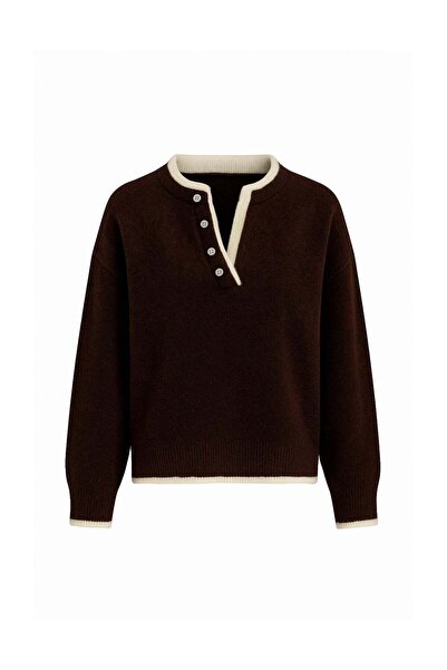 Maxi modena Button Detail Basic Brown Knitwear Sweater