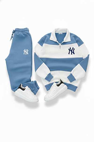 NİCE Baby Blue Color Unisex Five Piece Mock Neck Ny Printed Tracksuit Set-Bottom Top Set