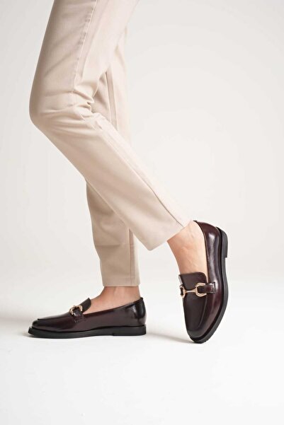 AYAKKABİSEPETİ Burgundy Inside and Outside Genuine Leather Women's Loafer