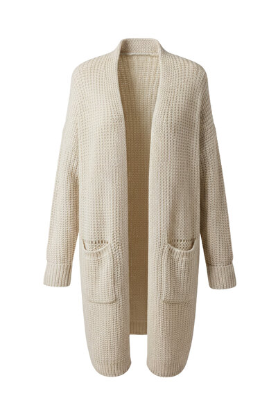 buğrahayalin Women's Cream Long Oversized Knit Cardigan – Thick Knitwear with Pockets