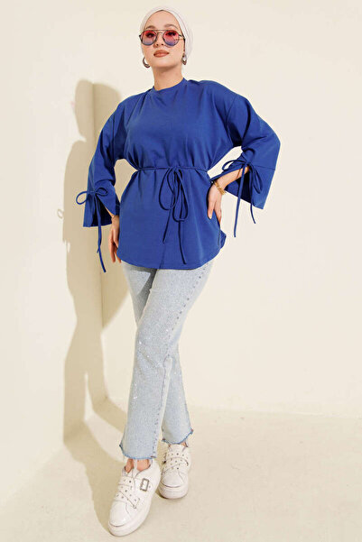 Smy moda Tunic with Two Drawstrings and Lace-Up Sleeves, Crew Neck