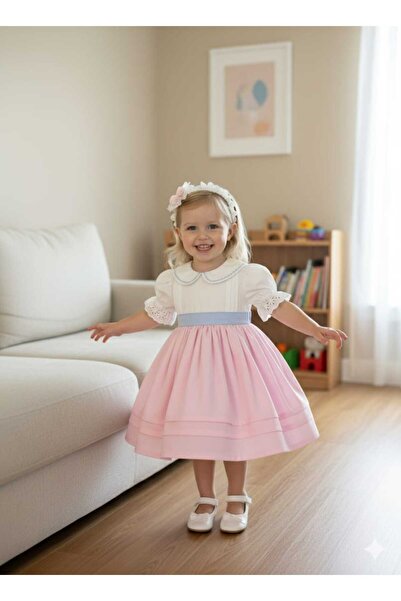Sare Çocuk Giyim Baby Girl Organic Cotton Satin Sleeve Lace Detailed Fluffy Peter Pan collar Birthday Dress + Buckle