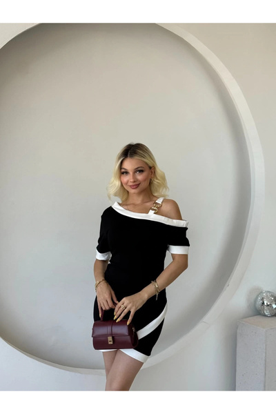 GENCULUS Women's Short Sleeve Asymmetrical Cut Neckline Room Dress with Stripe and Accessory Detail