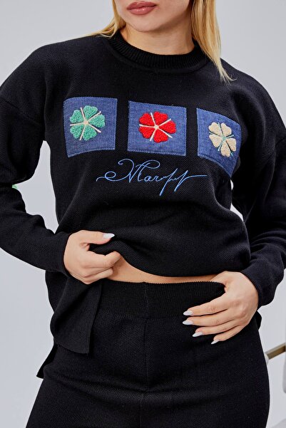 Jinx Wear Fashion Papatya Jeans Süzüne Embroidery Applique Detail Women's 2-Piece Acrylic Knitwear Set