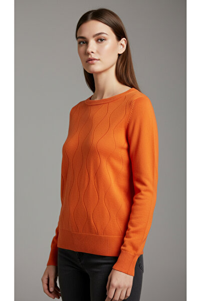 Digz fashion Orange Boat Neck Patterned Knit Sweater