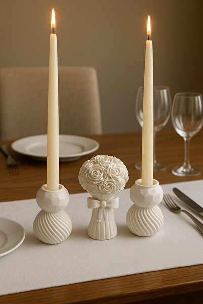 Genel Markalar 3’lü Şamdan Seti-Dekoratif Gül buketi ve Şamdan