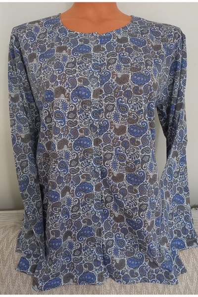 Anne Er Clothing Paper Print Combed Cotton Blouse Long Sleeve Front Buttoned Blue Patterned