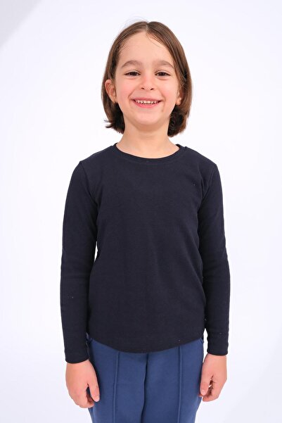 Perendi Unisex Children's Crew Neck Long Sleeve Basic Bodysuit - Navy Blue