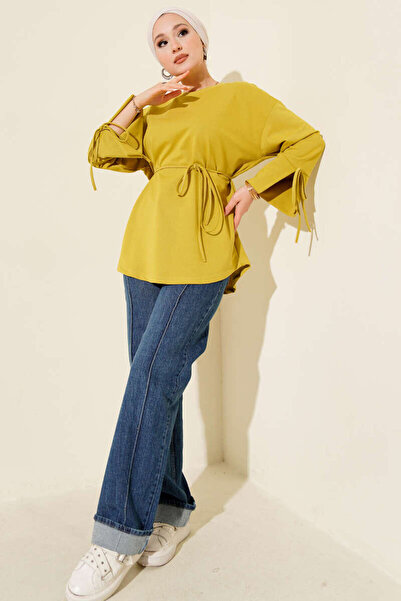 Smy moda Tunic with Two Drawstrings and Lace-Up Sleeves, Crew Neck