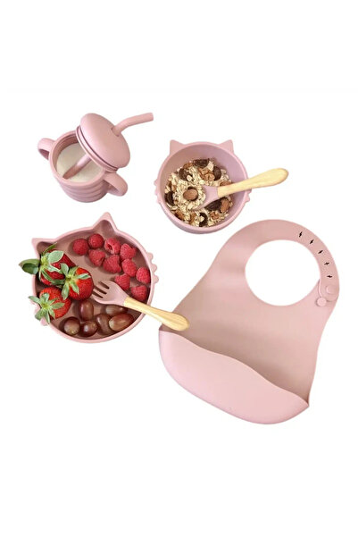 OEM Set 8 piese diversificare bebelusi si copii din silicon baveta, farfurie compartimentata cu ventuza,