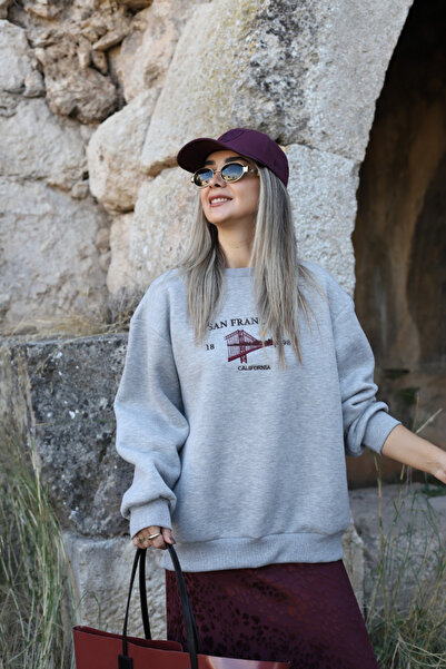 bytugcekaya Gray Printed Back Zipper Detail Sweatshirt