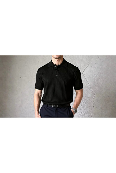 GENCULUS Men's Short Sleeve Collared Collar Buttoned Knitwear Blouse