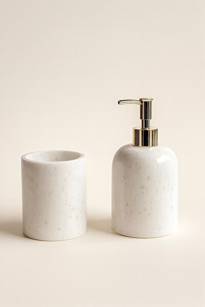 DMR HOME طقم حمام من الرخام الطبيعي - حامل صابون سائل وحامل فرشاة أسنان |   ت...