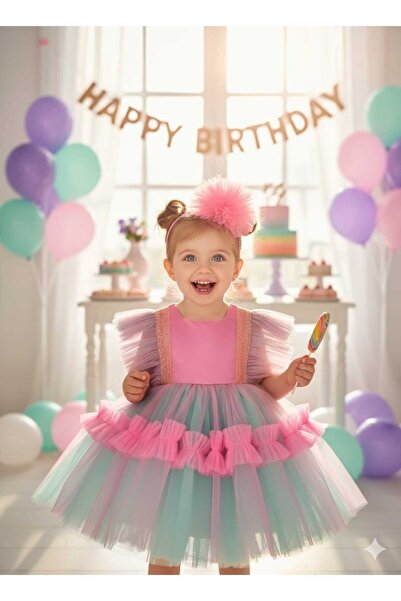 Sare Çocuk Giyim Girl's Pink Blue Tutu Detailed Fluffy Sequin Princess Evening Dress