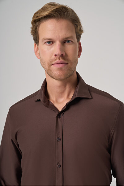 Morven Men's Brown Trend Plain Slim Fit Full Italian Collar Shirt