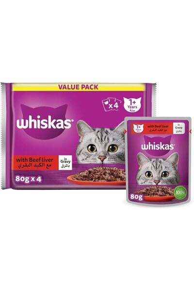 Whiskas Wet Cat Food, Beef Liver in Gravy, 24 x 80g, Adult Cats, Complete & Balanced