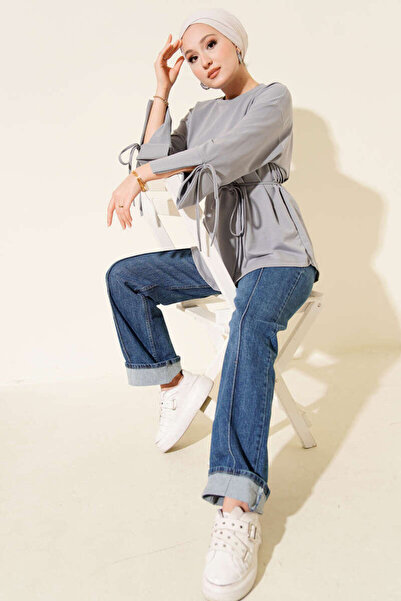 Smy moda Tunic with Two Drawstrings and Lace-Up Sleeves, Crew Neck