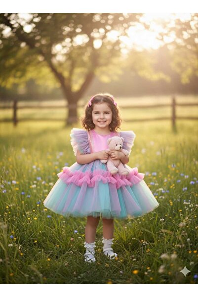 Sare Çocuk Giyim Girl's Pink Blue Tutu Detailed Fluffy Sequin Princess Evening Dress