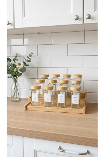 magical dreams Ahşap Standlı 12’li Bambu Kapaklı Baharat Kavanozu Seti (12 adet etiket hediye)
