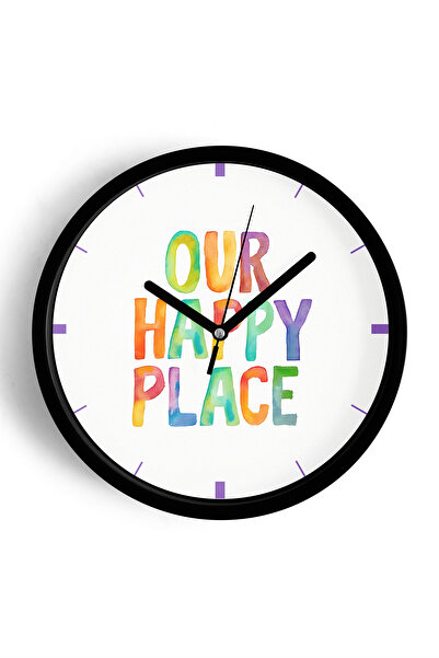 JHAAR تصميم حديث مكتوب - ساعة حائط 'مكاننا السعيد' - 42 سم - هيكل أسود مع واج...