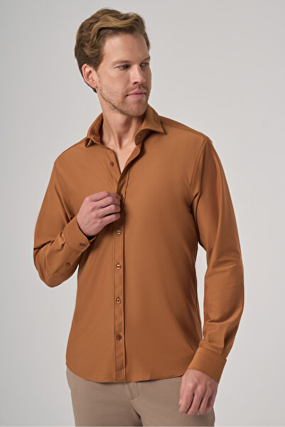 Morven Men's Cinnamon Trend Flat Slim Fit Full Italian Collar Shirt