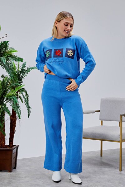 Jinx Wear Fashion Papatya Jeans Süzüne Embroidery Applique Detail Women's 2-Piece Acrylic Knitwear Set