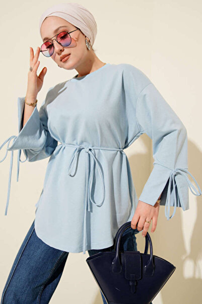Smy moda Tunic with Two Drawstrings and Lace-Up Sleeves, Crew Neck