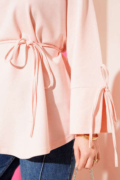 Smy moda Tunic with Two Drawstrings and Lace-Up Sleeves, Crew Neck