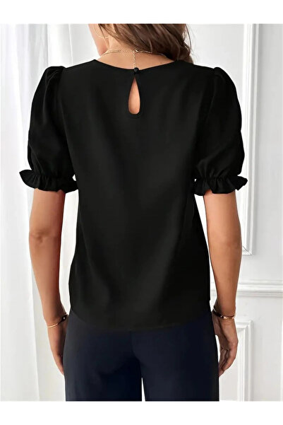 GENCULUS    Women's Short Sleeve Crew Neck Imported Crepe Blouse with Sleeves