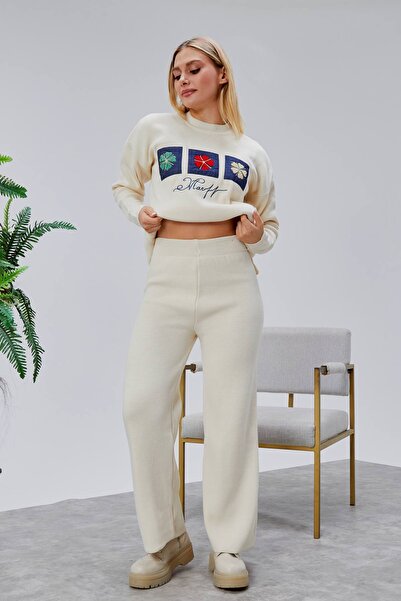 Jinx Wear Fashion Papatya Jeans Süzüne Embroidery Applique Detail Women's 2-Piece Acrylic Knitwear Set