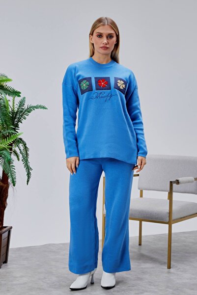 Jinx Wear Fashion Papatya Jeans Süzüne Embroidery Applique Detail Women's 2-Piece Acrylic Knitwear Set