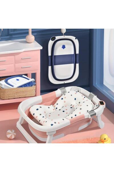 OEM bathtub with cushion for babies, built-in digital thermometer, foldable, drain plug, feet, year