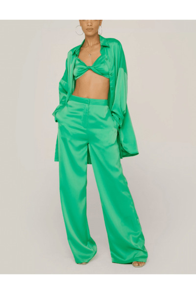 NASTY GAL Satin Wide Leg Pants Green