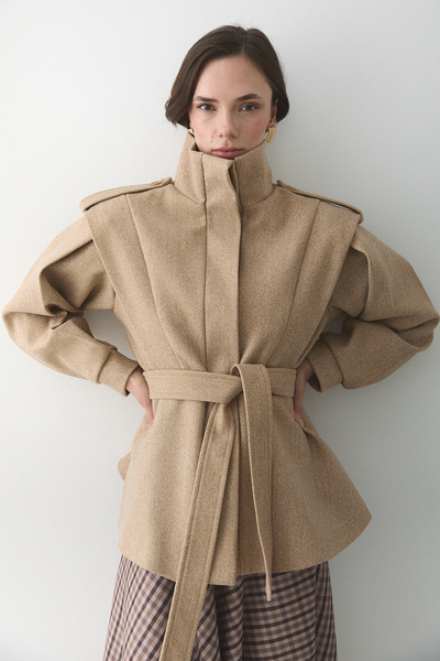 Laluvia Beige Epauletted Shoulder Pad Piece Cashmere Coat - 1005
