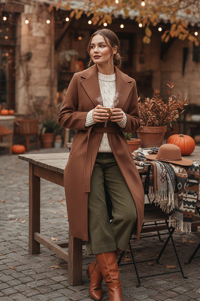 Pissos Women's Belted Cashmere Long Coat – Brown, Lined, Premium Thickness