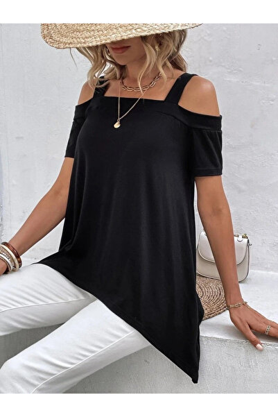 GENCULUS Women's Short Sleeve Off-The-Shoulder Strap Asymmetrical Cut Viscose Blouse