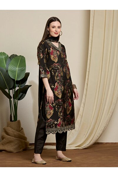 PRIYA'S PANACHE Floral Foil Printed Straight Kurta Pant Dupatta Set | Indian Dress Ladies Salwar Suit for Women