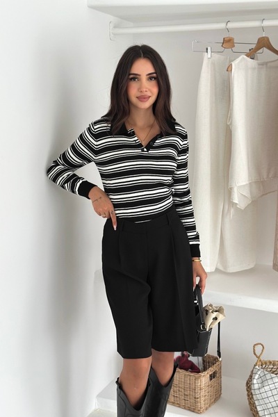 Noi Belis Striped Polo Neck Buttoned Knitwear Sweater Aw25Kz0080