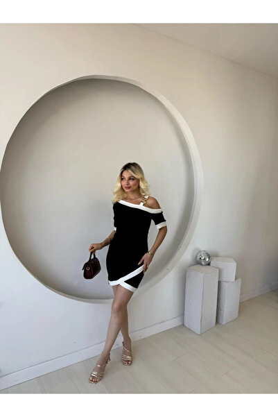 GENCULUS Women's Short Sleeve Asymmetrical Cut Neckline Room Dress with Stripe and Accessory Detail