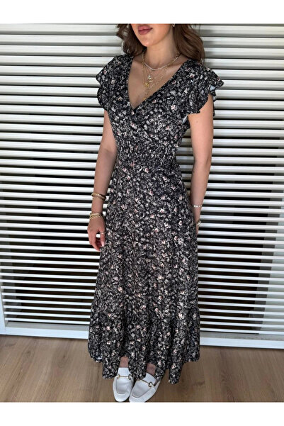 GENCULUS Women Short Sleeve Double Breasted Lapel Elastic Waist Floral Print Dress