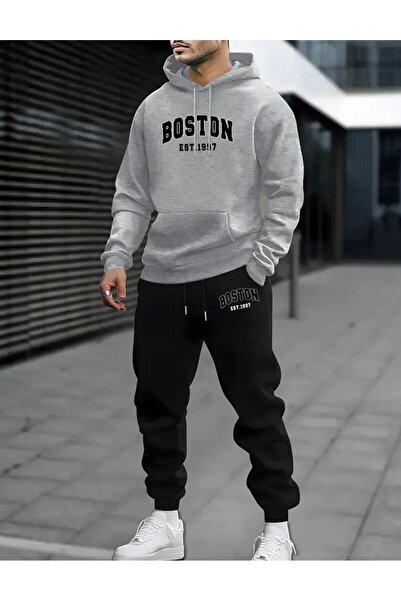 HerTarzınTrendi Men's Boston Hooded Sweatshirt and Jogger Tracksuit Set – Col...