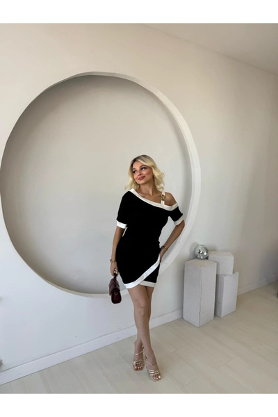 GENCULUS Women's Short Sleeve Asymmetrical Cut Neckline Room Dress with Stripe and Accessory Detail