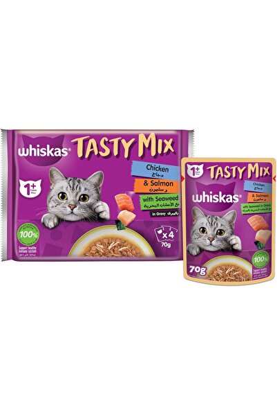 Whiskas Tasty Mix Wet Cat Food – Chicken & Salmon with Seaweed in Jelly, 4 x 70 g