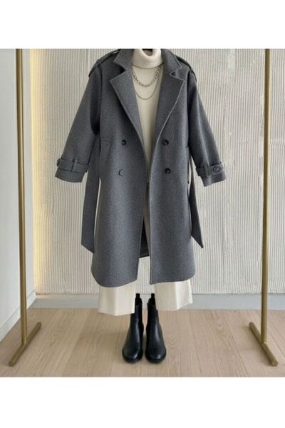 LİNORA Kaban Kaşe Full Belted Gray