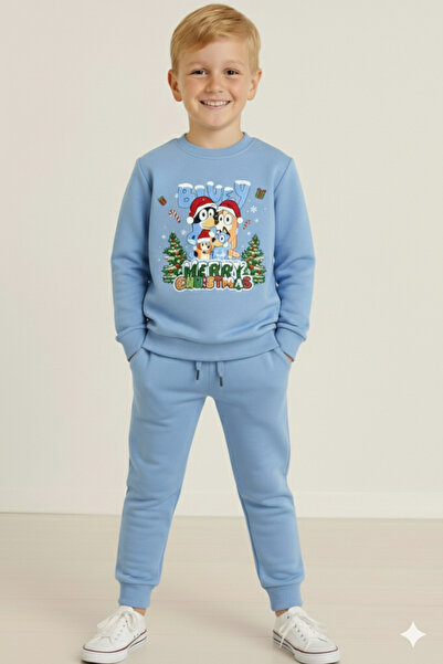 LİTTLE TORTOİSE Boy's Christmas New Year Printed 3 Thread Fleece-Lined Winter Sweatshirt / Tracksuit Set