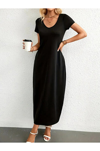 GENCULUS Women's Short Sleeve Viscose Dress with Round Neck and Pockets