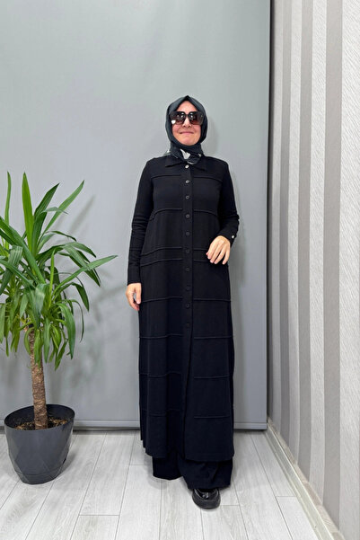 MISS DALIDA Shirt Collar Long Knitwear Cardigan Black T25Pf-9002