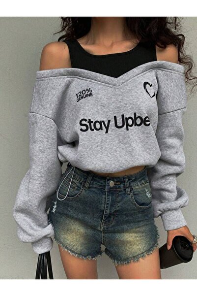 Machetta Women's Strappy Crop Detailed Off-Shoulder Crop Sweatshirt Hoodie